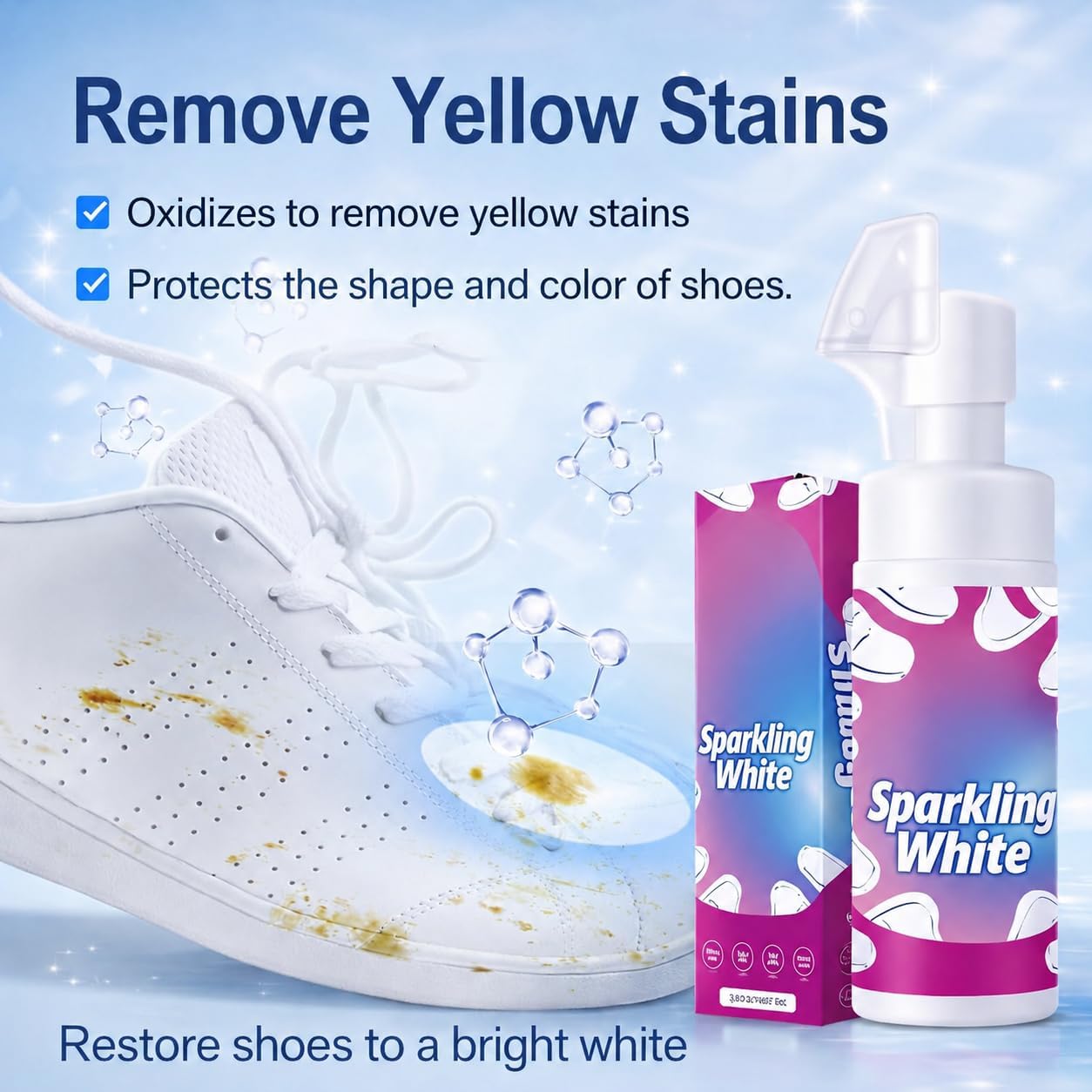 Shoe Cleaner Kit, 150ml Water-Free White Shoes Deep Stain Removal Foam with 360° Rotating Brush – Safe Formula Antioxidant Prevent Yellowing Effect for Sneaker, Trainer, Canvas, Boots, Running Shoes