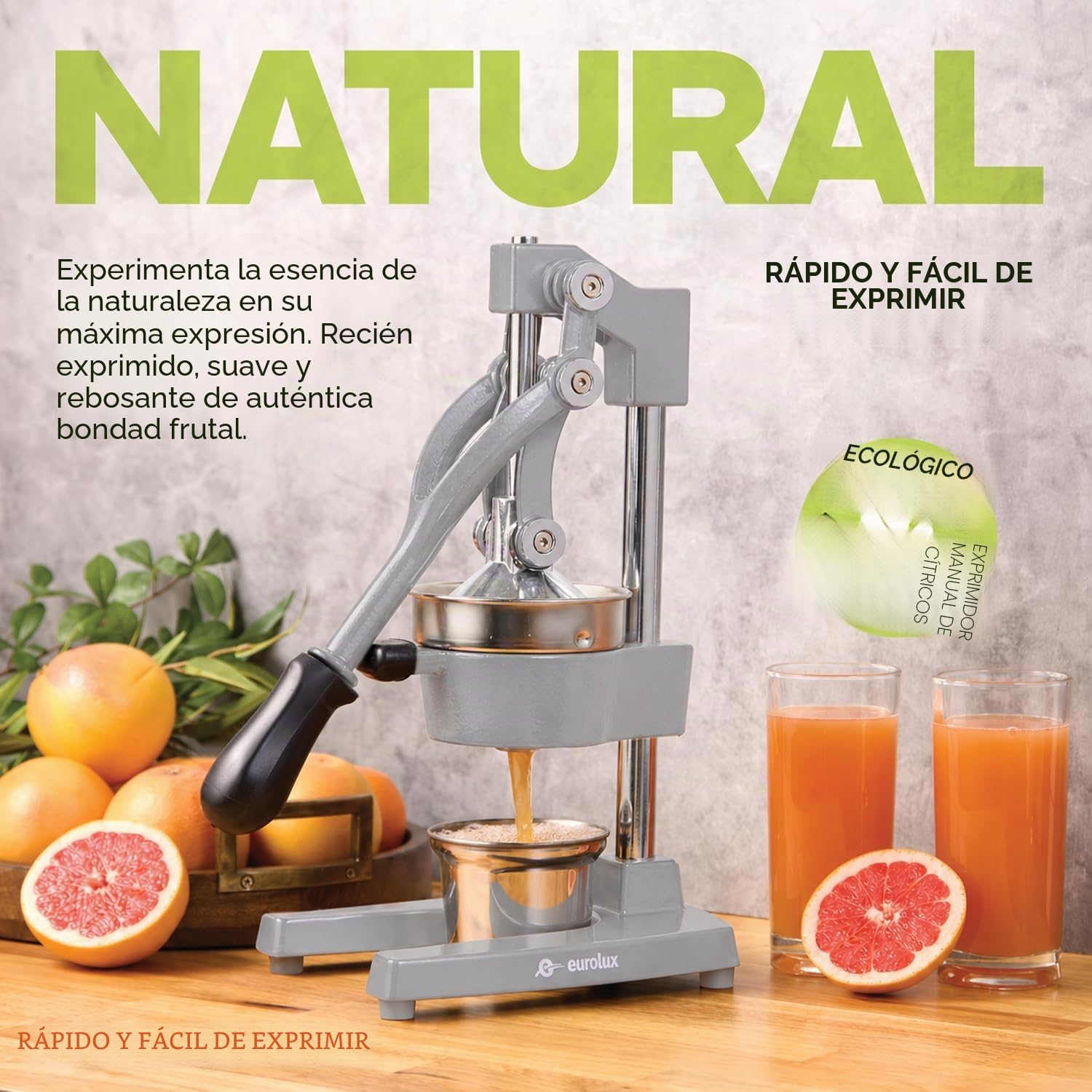 Eurolux Exprimidor de hierro fundido ultra premium, extra grande, resistente, grado comercial, prensa manual de acero inoxidable, exprimidor de cítricos para jugo de naranja fresco, granada, limón y