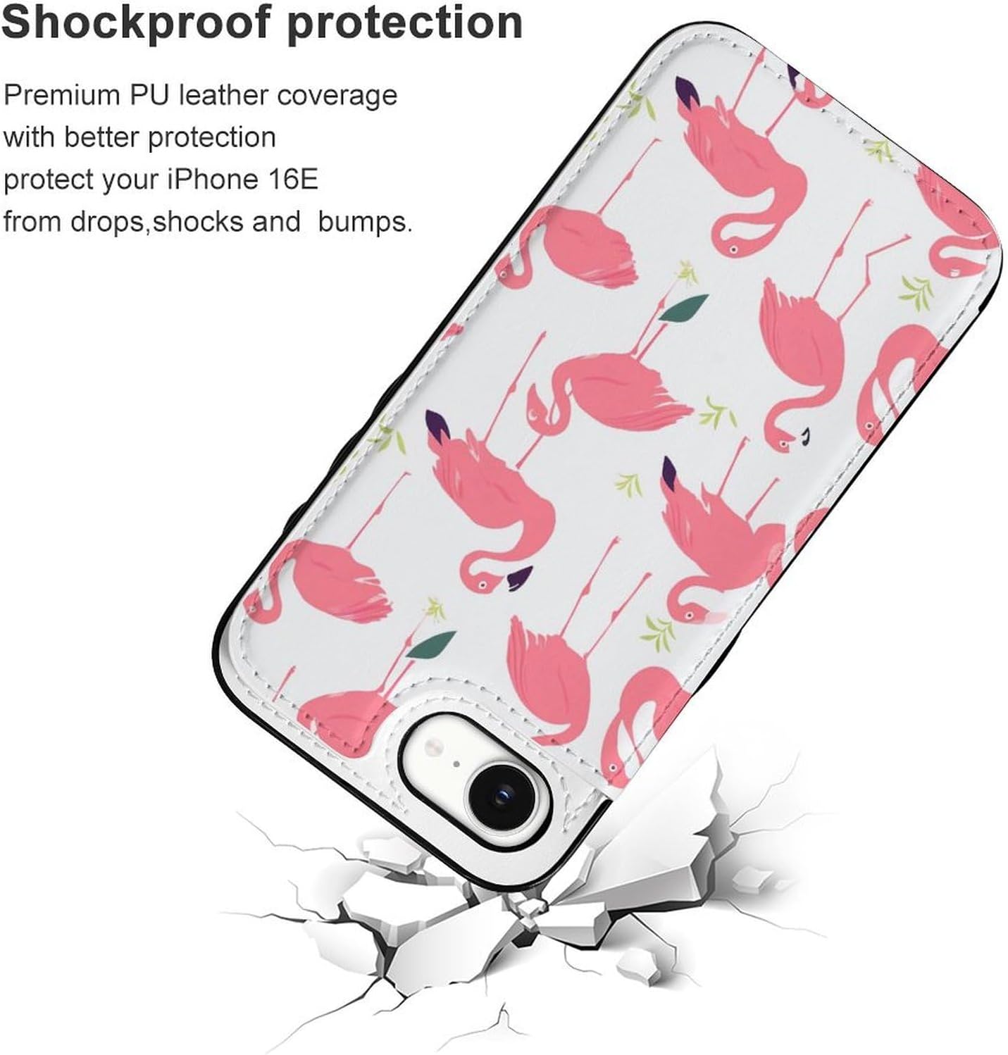 Wallet Cases for iPhone 16 E, Pink Flamingo Pattern Prints Flip Leather Phone Case Cover with Card Slots Holder