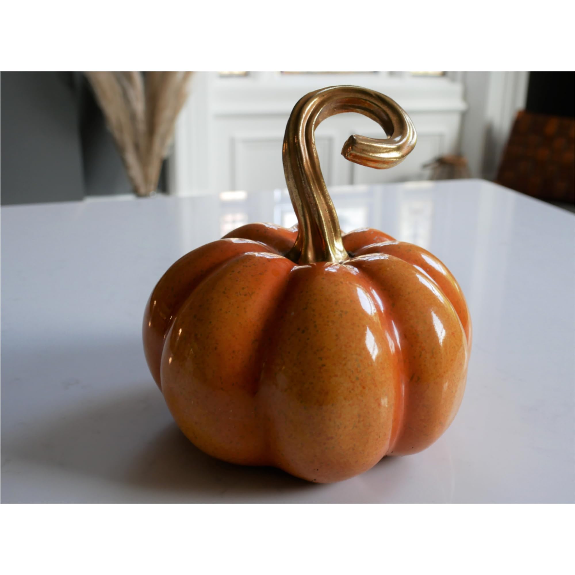 Fyne-Finds Orange & Gold Orange Resin Halloween Pumpkin Gold Stalk Ornament Speckled Glazed Finish Autumn Fall Decorative Gift