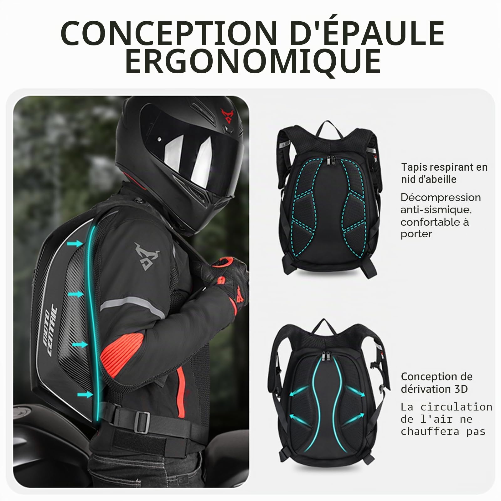 Sac à dos de moto 48 L étanche en fibre de carbone avec coque rigide réfléchissante