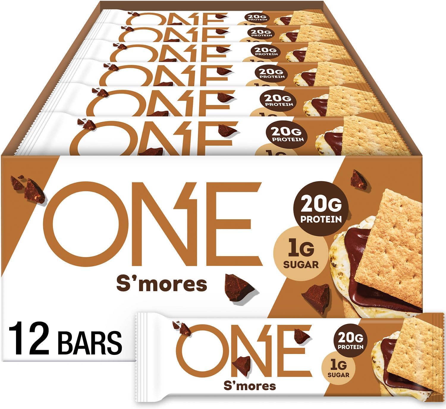 ONE Protein Bars, Smores, Gluten Free with 20g Protein and 1g Sugar, Pantry Staples, 2.12 oz (12 Count), Packaging May Vary