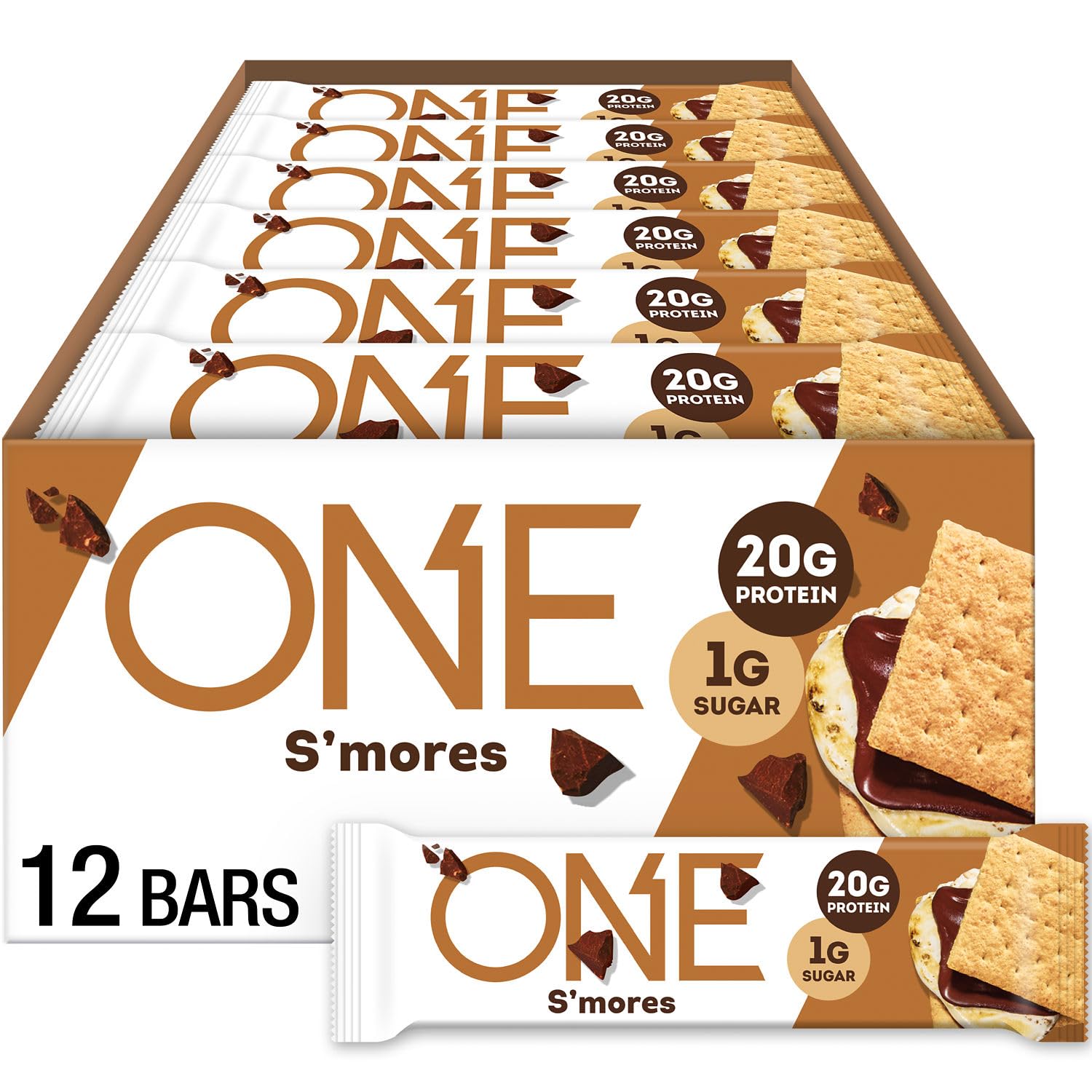 Protein Bars, Smores, Gluten Free with 20g Protein and 1g Sugar, Pantry Staples, 2.12 oz (12 Count), Packaging May Vary