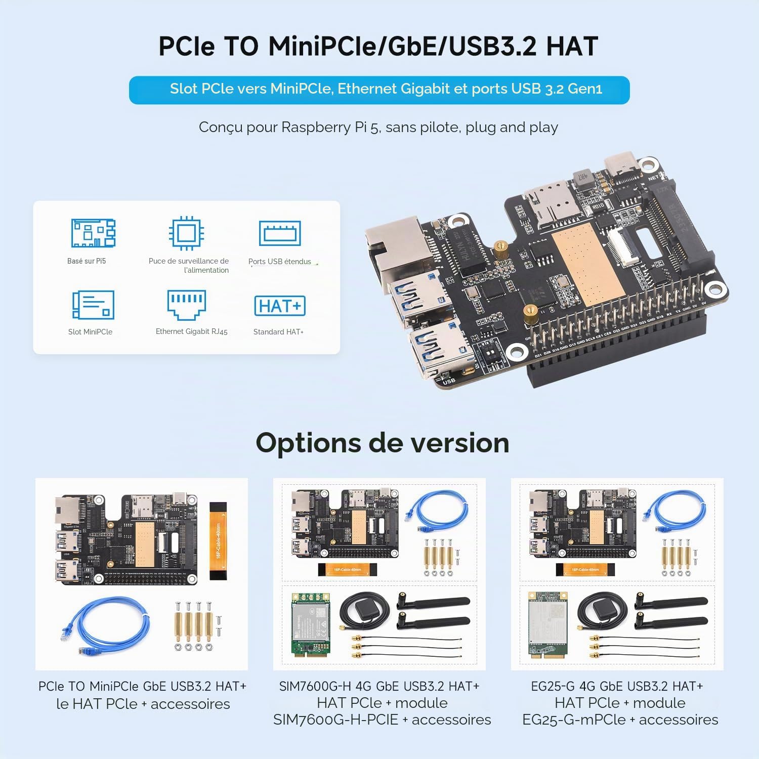Waveshare PCIe to MiniPCIe/Gigabit Ethernet/USB 3.2 Gen1 Hat+ Compatible with Raspberry Pi 5, Supports Multiple OS and MiniPCIe Interface 4G Module (Without SIM7600G-H-PCIE),High-Speed Networking