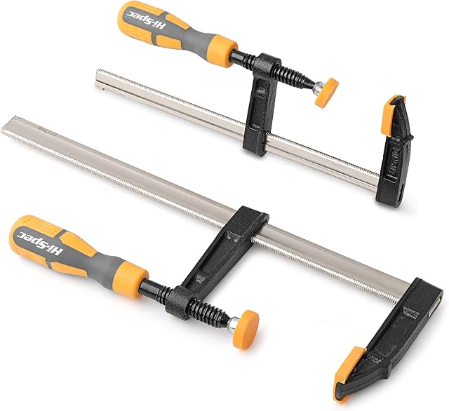 Hi-Spec 2pc Steel Bar F Clamps Set. Heavy Duty 200, 300mm / 8, 12 Sizes for Woodwork, Metalwork & Carpentry