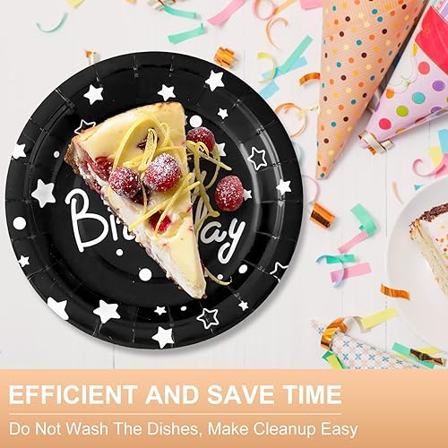 Miniatura 4 de Platos de papel para fiesta de cumpleaños, platos desechables para tartas negras de 7 pulgadas, 50 unidades, suministros para fiesta de cumpleaños,