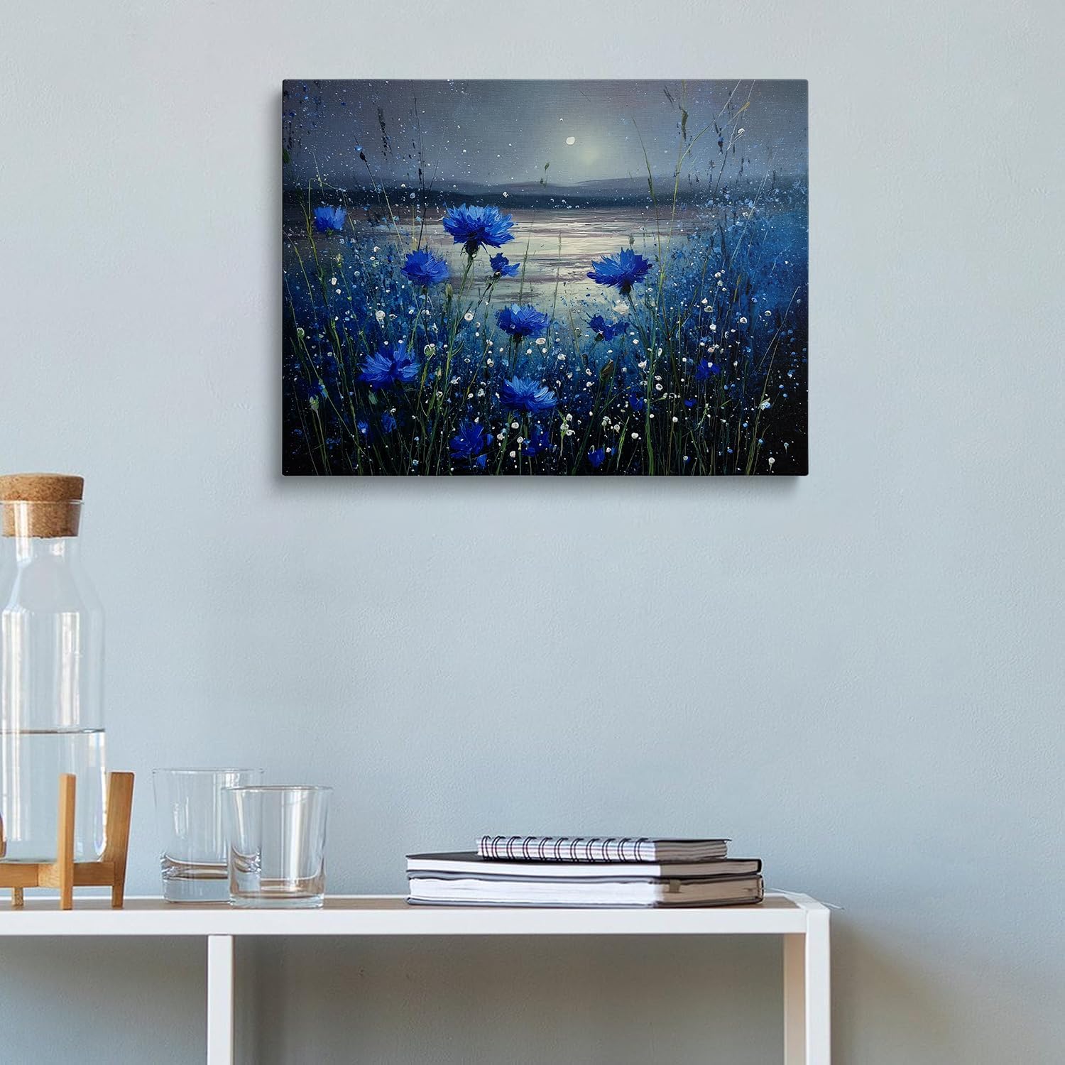 Beautiful Blue Cornflowers Moonlit Lake Landscape Canvas Wall Art - Tranquil Nature Home Decor for Living Room & Bedroom Bathroom - HD Waterproof Stretched Framed Art Print Ready to Hang 12x16 Inches
