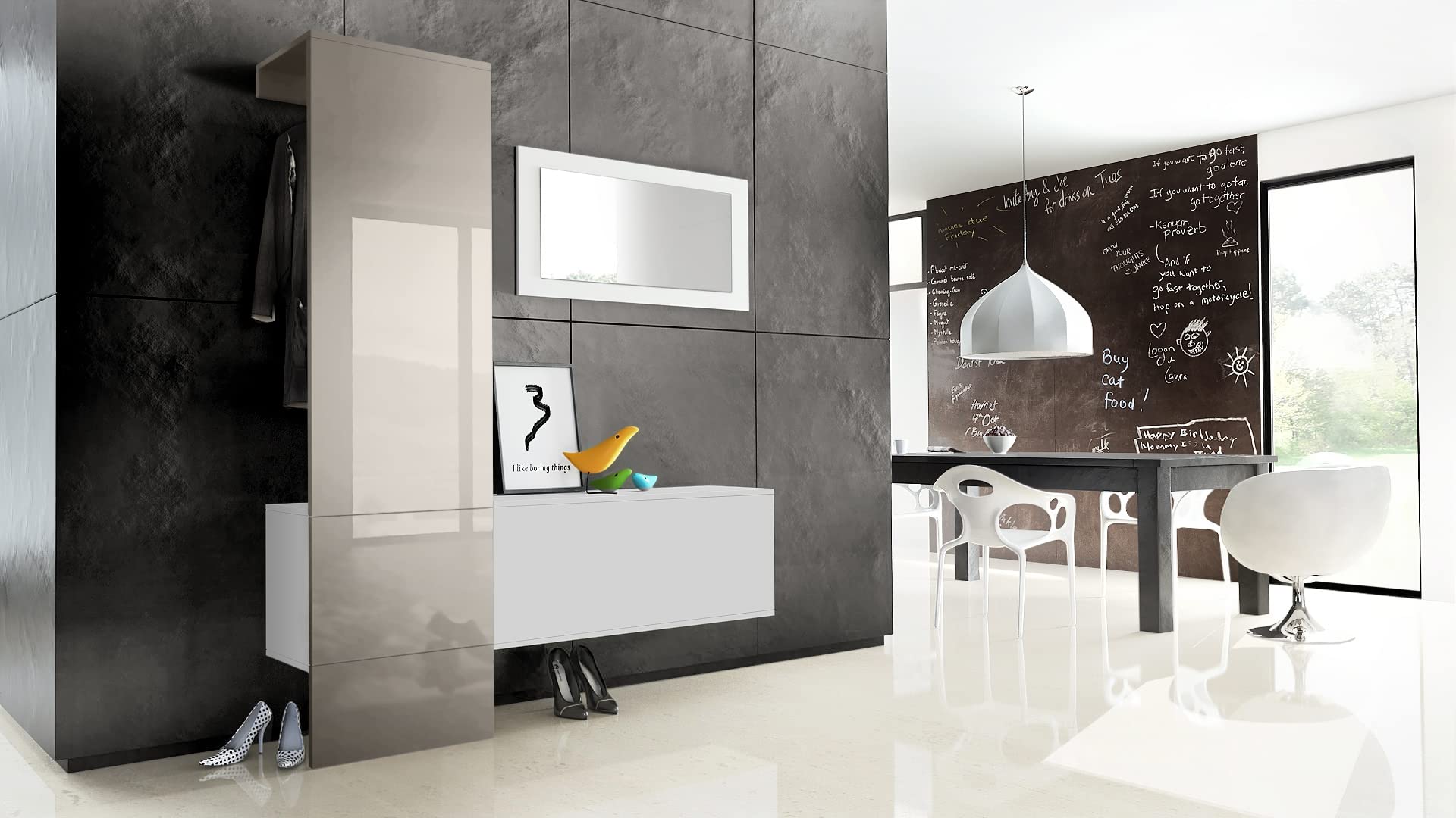 Vladon Mueble recibidor Carlton Set 4, Mueble de Entrada Compuesto por 1 Perchero, 1 Zapatero y 1 Espejo de Pared, Blanco Mate/Gris Arena de Alto Brillo (156 x 193 x 35 cm)