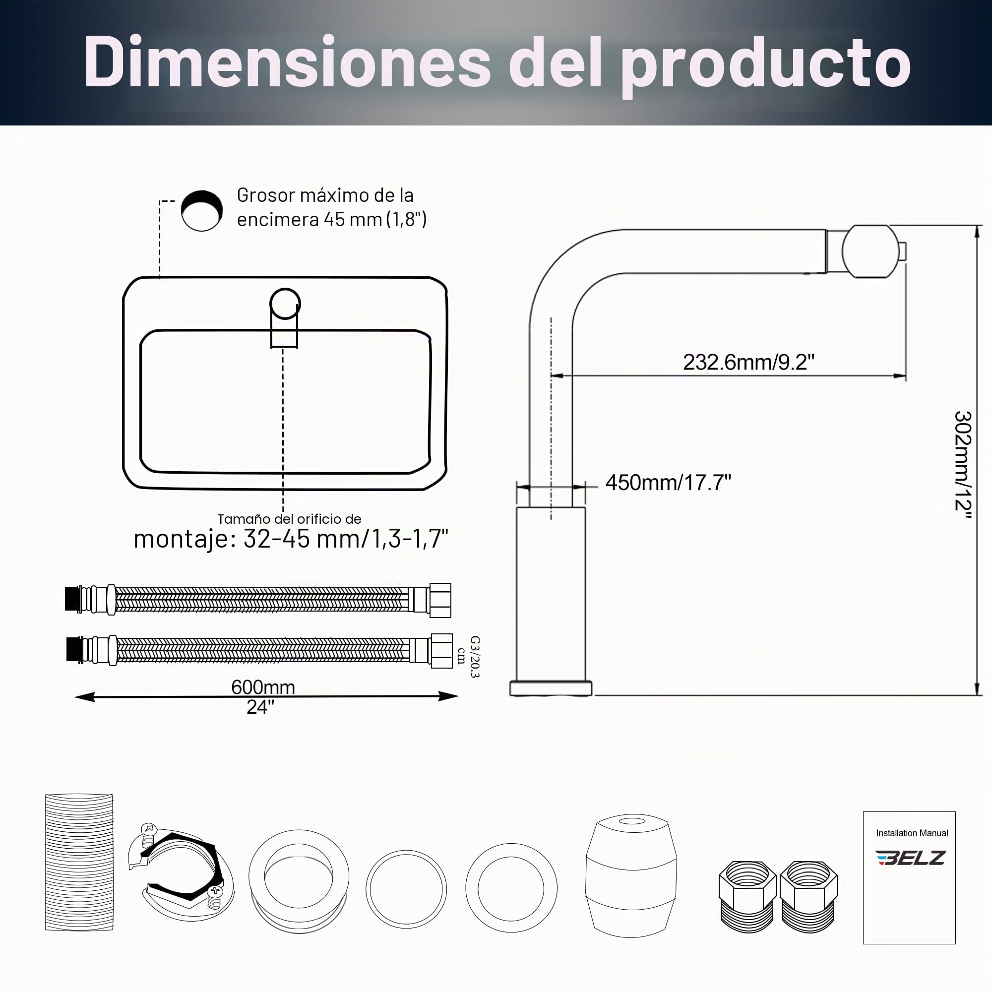 BELZ Grifo Cocina Extraíble, Grifo Cocina con Rociador Extraíble 3 Modos de Agua, Giratorio 360°, Grifo Mezclador Cocina, Acero Inoxidable,Cromo