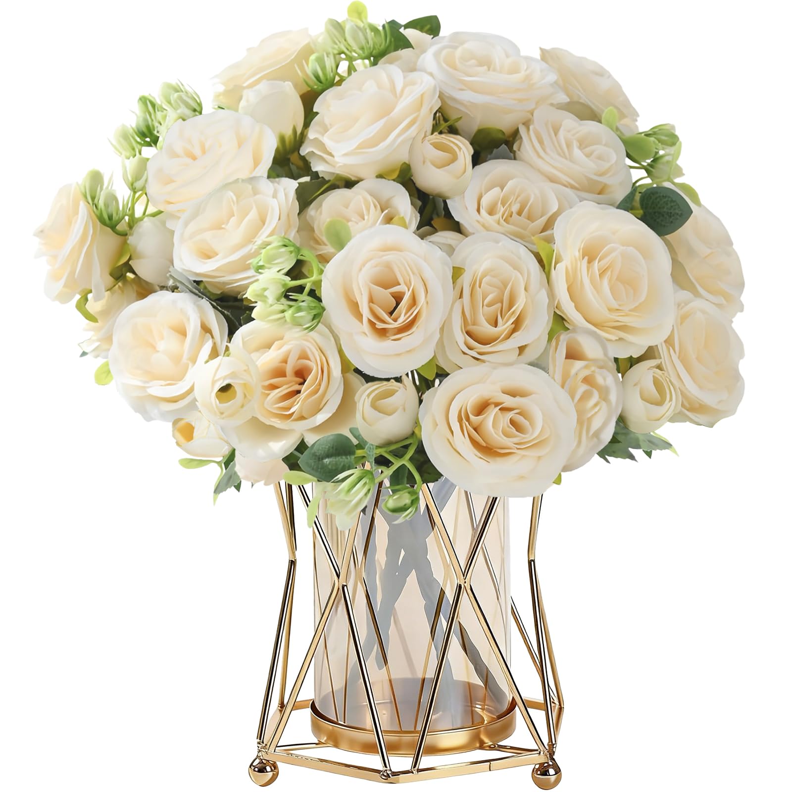 KUANINUNAR 4 Bunches Rose Artificial Flowers White Fake Roses Bouquet Valentine's Day Artificial Rose Flowers Bouquet Faux Rose Bridal Bouquets for Wedding Party Home Table Decoration Centerpieces