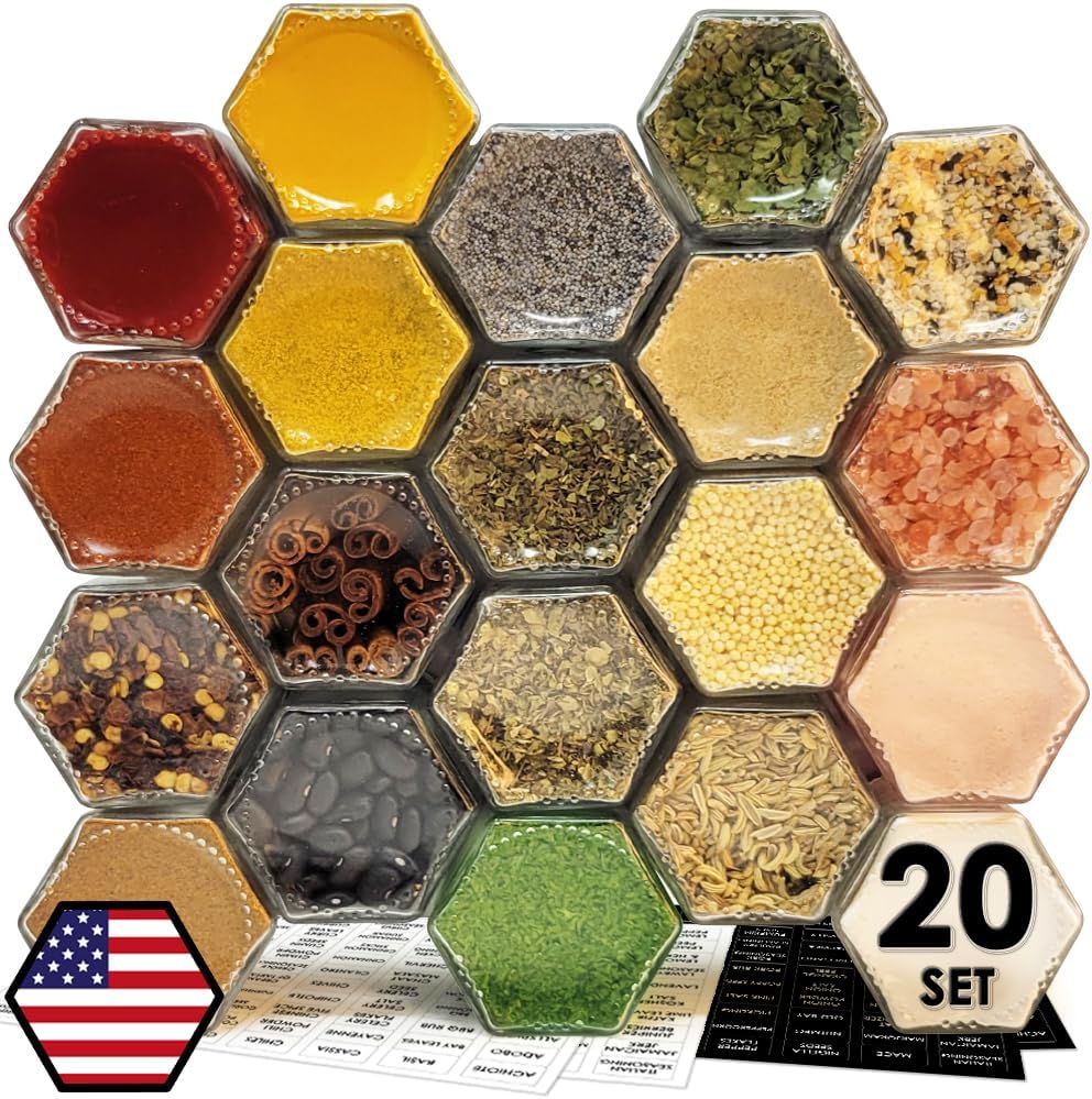 20 Pack Magnetic Spice Jars for Refrigerator, Hexagon Glass Magnetic Spice Jar with Shaker Lids Label for Kitchen RV Travel Trailer Boat, Magnet Seasoning Containers for Fridge Cabinet Wall mount Rack