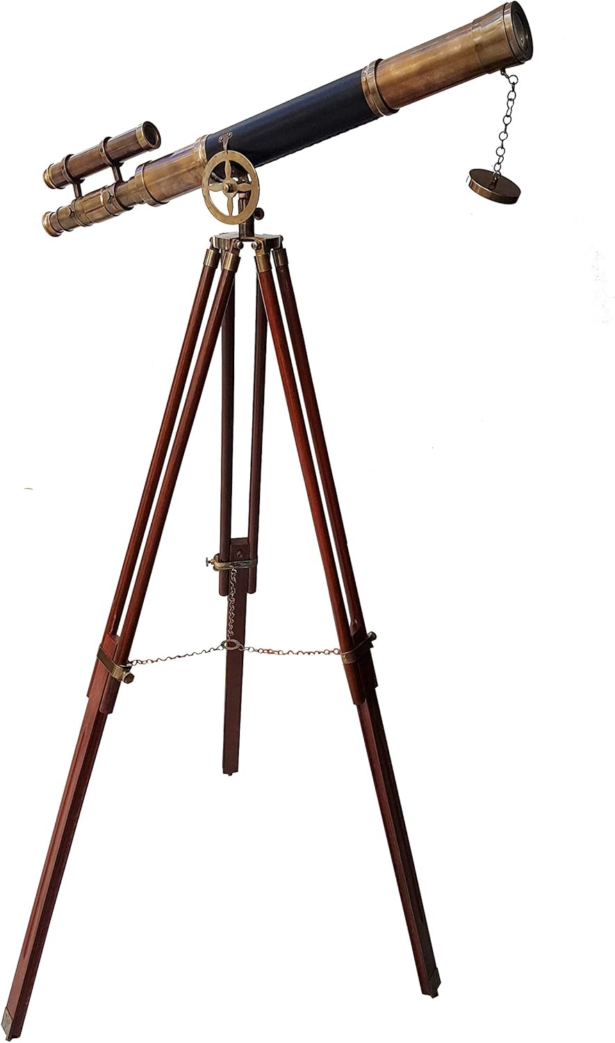 Nautical Style Black Leather Telescope Maritime Brass Antique Double Barrel Designer Telescope W/Wooden Tripod Floor Standing Telescopic