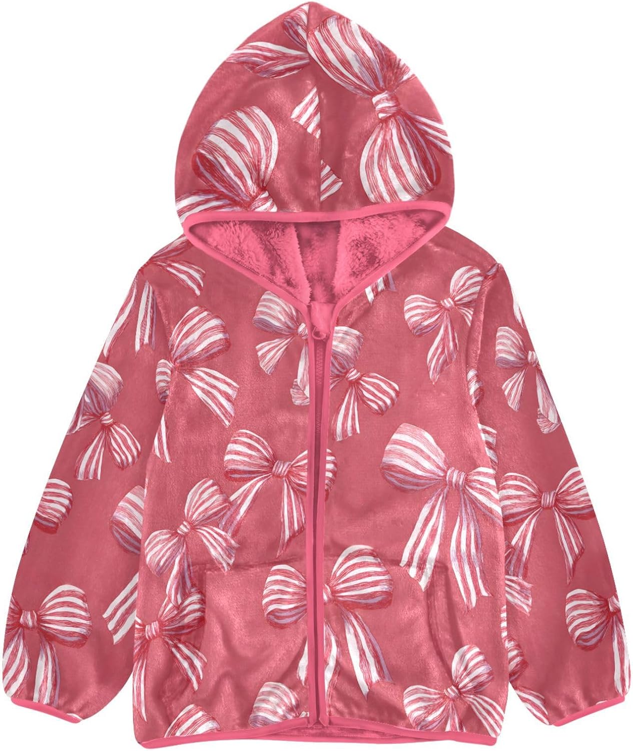 Girls Hoodie Outfit Red White Striped Bow Pattern Zipper Sweatshirt Coat Fleece Jacket for Kids 3-10T