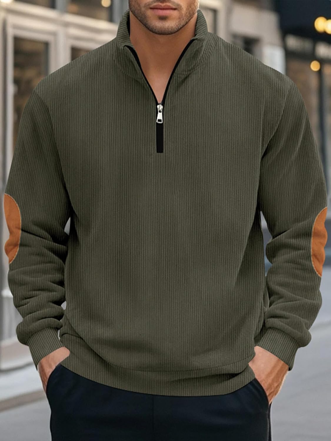Men's Quarter Zipper Pullover Corduroy Mock Neck Sweatshirt Spring Autumn Casual Knit Long Sleeve Polo Shirt - Image 2