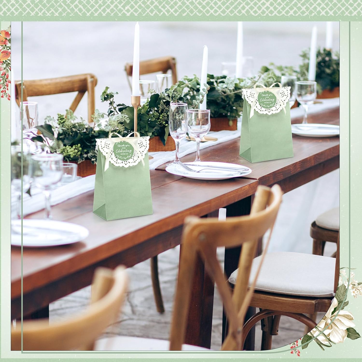 Funrous 48 Pack Wedding Gift Bags for Guests Welcome Sage Green with Thank You for Celebrating with Us Gift Tag 4.7 x 3 x 7.1 in Wedding Thank You Goodie Favor Bags Stuffers Bridal Baby Shower