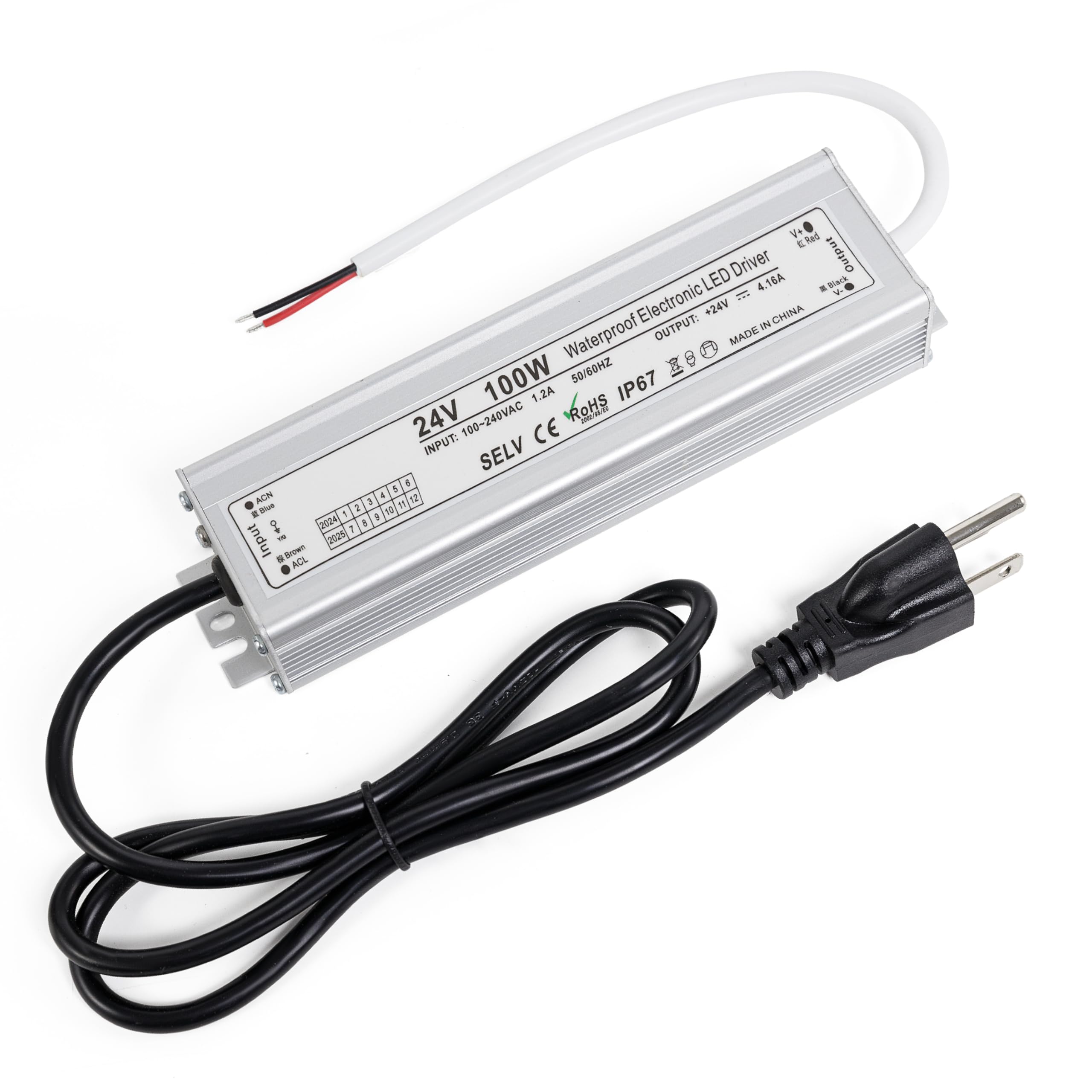 100W 24V LED Power Supply Driver 4.2A with US Standard 3-Prong Plug by BlueStars - AC 90-260V to 24V DC Constant Voltage Transformer IP67 Waterproof