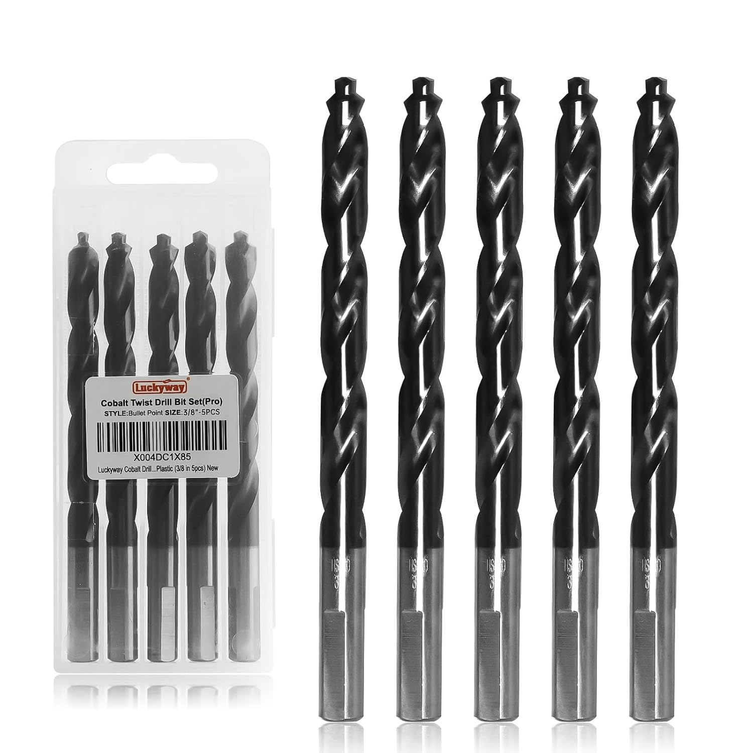 Luckyway 3/8" M35 Cobalt Drill Bits Titanium Aluminum Nitride Coated (TiAlN) with Bullet Point Tip Perfect for Steel, Hard Metal, Cast Iron 5-Piece