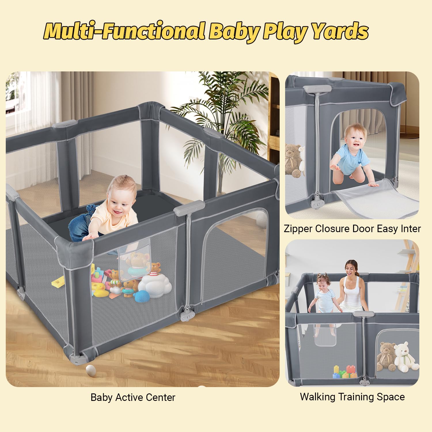 Parque Infantil Bebe 130x130cm, Parque Infantil Plegable, Corralito Bebe con Malla Transpirable,Parque de Juegos Bebe, Playpen Bebe (Gris oscuro)