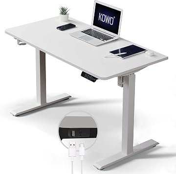 kowo Electric Standing Desk, Height Adjustable Sit Stand Desk with 4 Memory Presets, 120x60cm, USB Charging, One-Piece Top, Home Office Table, White