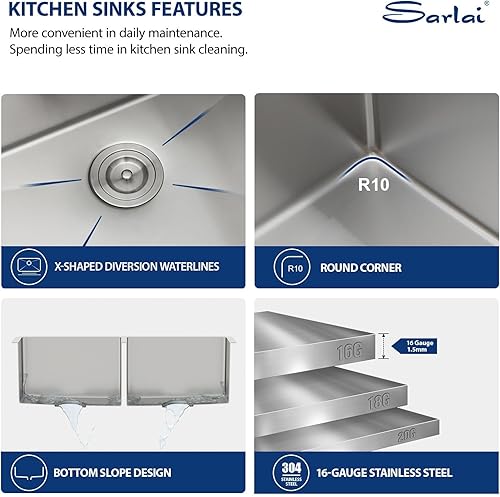 Vista 66 de Sarlai Fregadero doble de 33 piezas para empotrar - Fregadero de cocina de 33 x 19 pulgadas, acero inoxidable de calibre 16, esquina redonda, doble