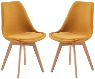 EGGREE Pack de 2 Sillas de Comedor Sillas Cocina Nordica con Asiento Tapizado de Lino y Patas de Haya, Lino - Amarillo
