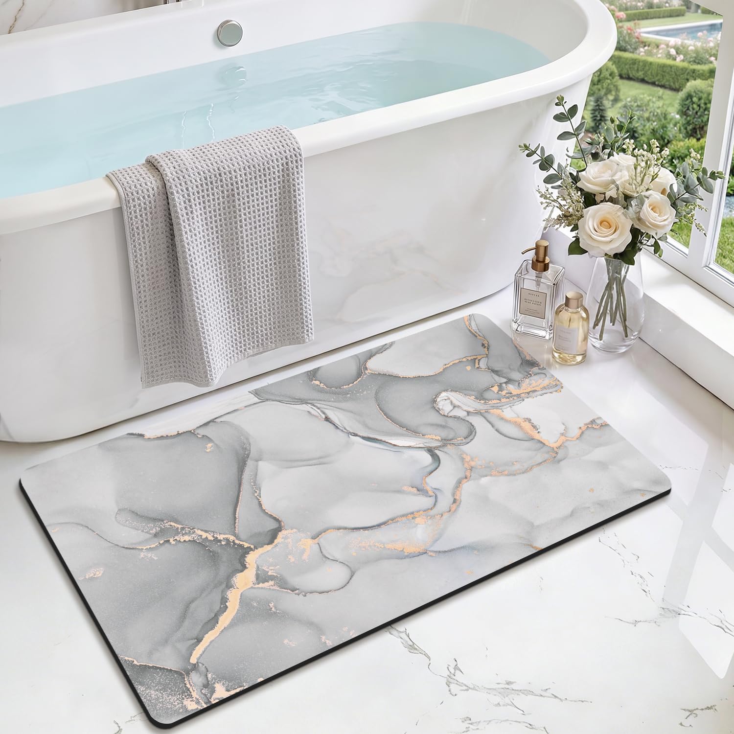 DEXI Non-Slip Bath Mat 60 x 110 cm, Super Absorbent Quick Drying Thin Bathroom Mats for Bathtub Side Floor, Easy to Clean, Light Grey