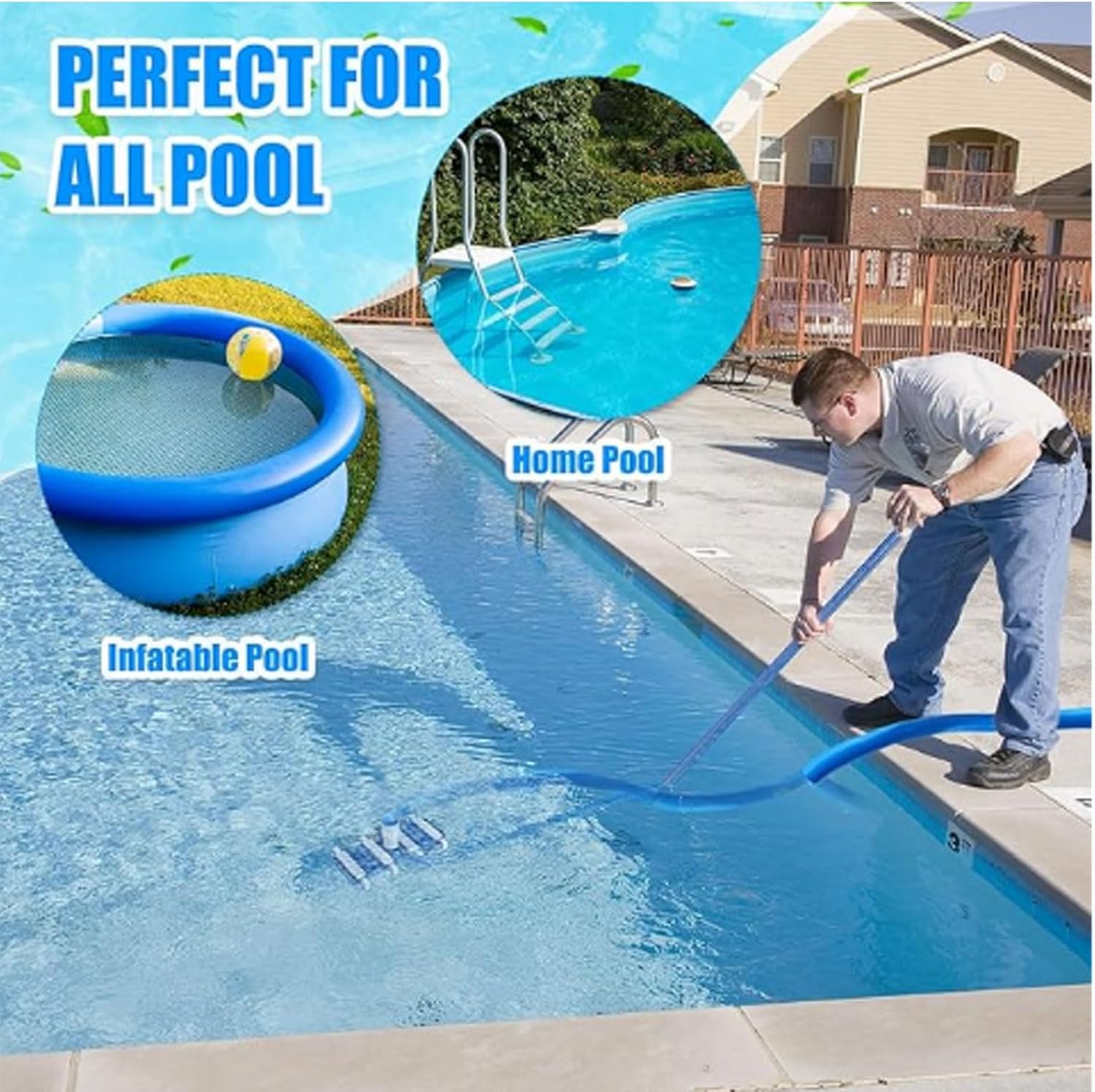 4 Pcs Swimming Pool Cleaning Kit Including Pool Vacuum Head with 1-1/2" x 30 ft Hoses Flexible Head with Pole 17.5 '' Cleaning Brush for Inground Above Ground Swimming Supplies