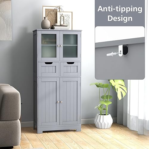 Miniatura 5 de Giantex Armario de almacenamiento para piso de baño, armario independiente con 2 puertas de vidrio, 2 cajones y estantes ajustables, organizador de