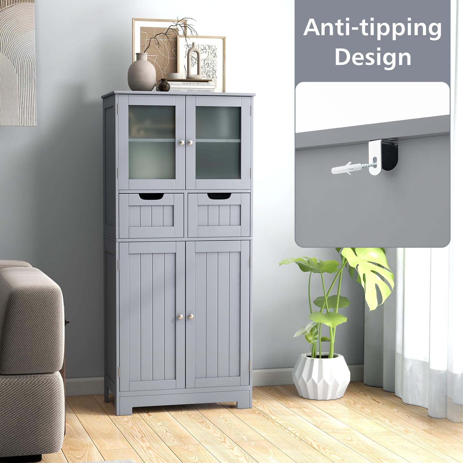 LIFEZEAL Mobiletto Bagno Salvaspazio in Legno, Armadio a 2 Ante in Vetro, Arredo Grande 60x30x128 cm, Mobile Dispensa Cucina con 2 cassetti, Vetrinetta Soggiorno Moderno e Alta, (grigio)