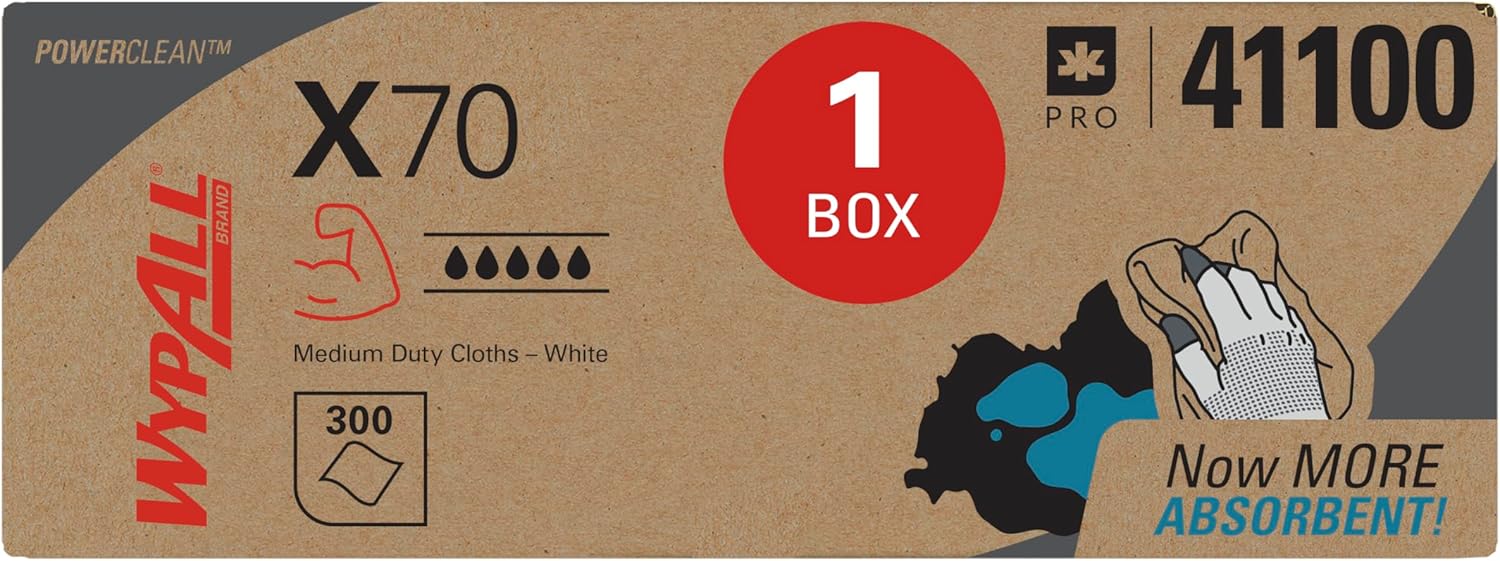 WypAll X70 Extended Use Reusable Cloths (41100), Flat Sheet Box, Long Lasting Performance, White, 1 Box, 300 Sheets