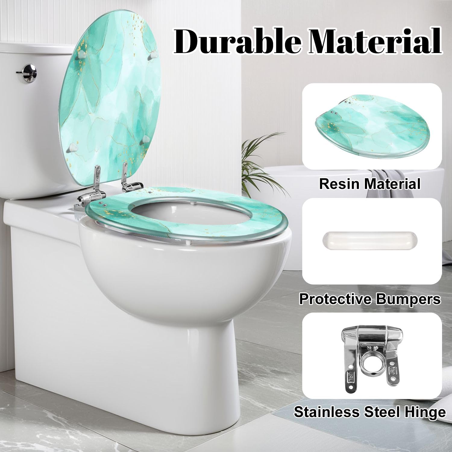 Länglicher WC-Sitz mit Absenkautomatik, Türkis-Mint, Aquarell-Marmor-Gold-Optik, Pinsel-Beize, Harz, Schnellverschluss-Scharniere, leicht zu reinigende Puffer, Montage