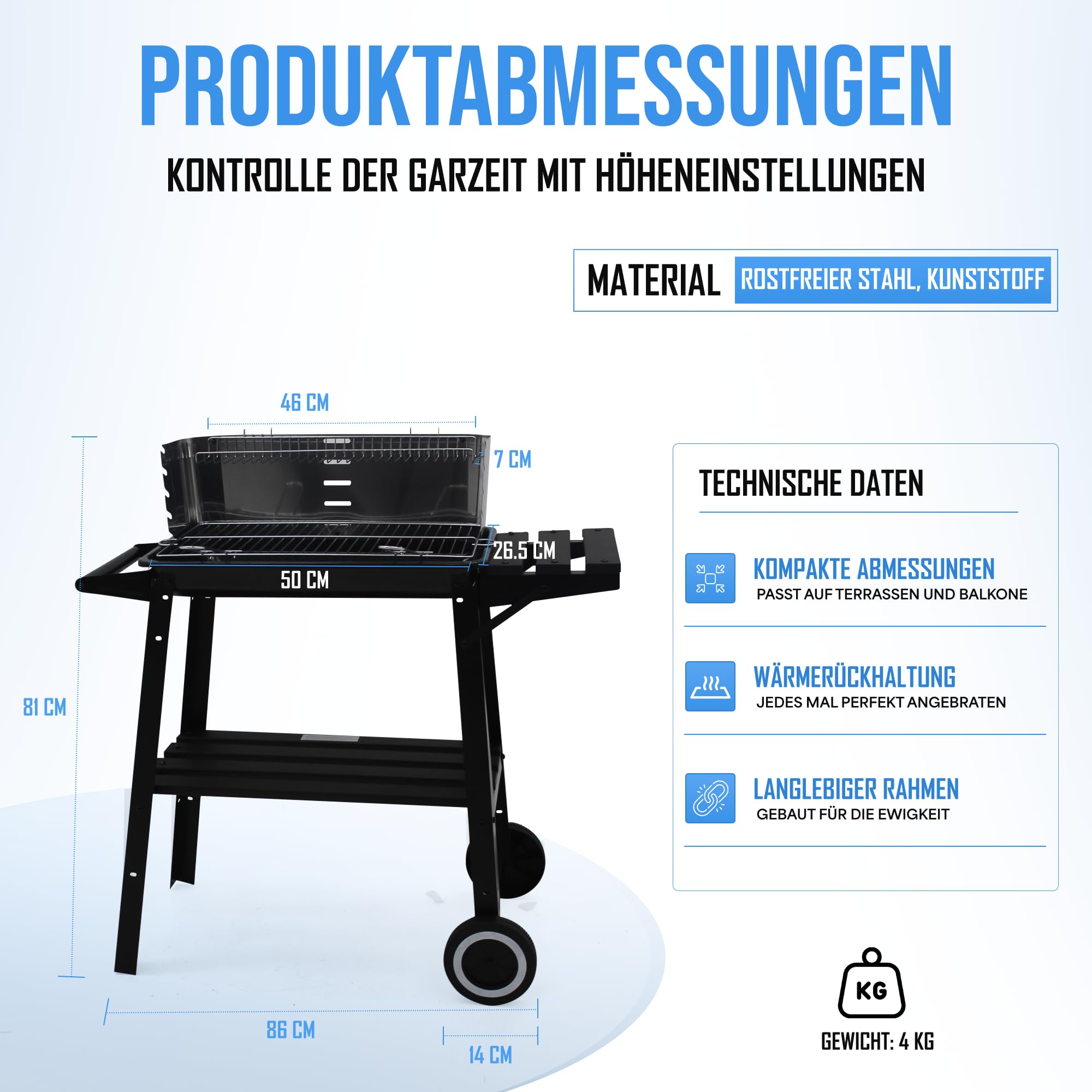 Holzkohlegrill edelstahl auf rollen,Säulengrill,BBQ-Grill,inkl 4-fach höhenverstellbarem Grillrost, Lüftungsregler,Aschekasten und Aschekasten, für Camping, Garten, Schwarz