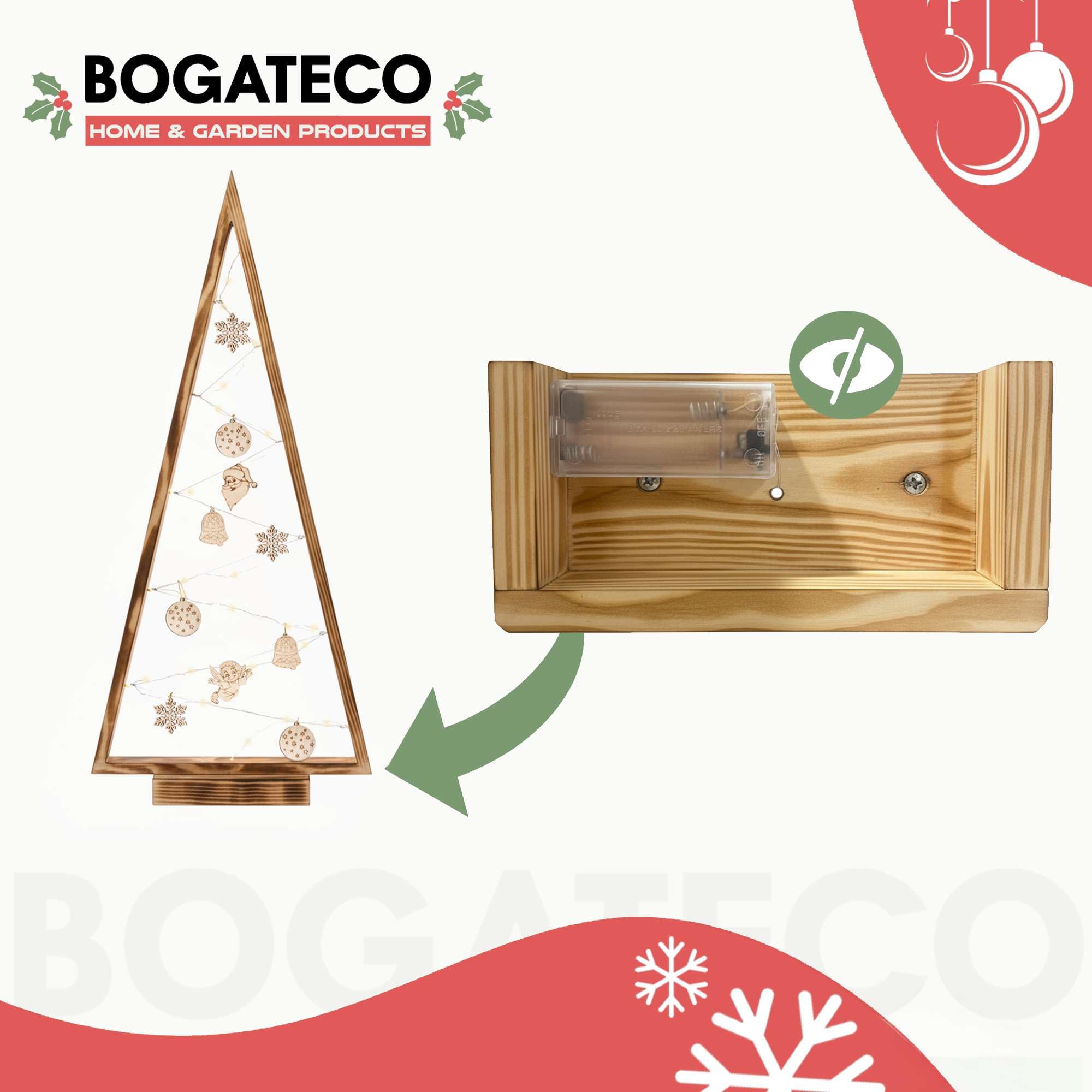 BOGATECO Árbol de Navidad de madera con iluminación LED de 104 cm de altura | Decoración de madera incluida | Decoraciones navideñas | 30 LED |