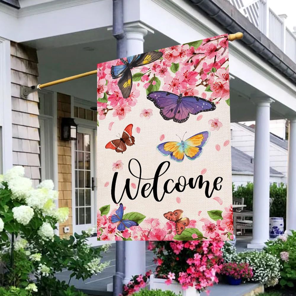Baccessor Spring Summer House Flag Butterfly Flowers Cherry Blossom Yard Welcome Flag 28 X 40 Inch Double Sided Burlap Large Spring Summer Flag for Outside - Image 6