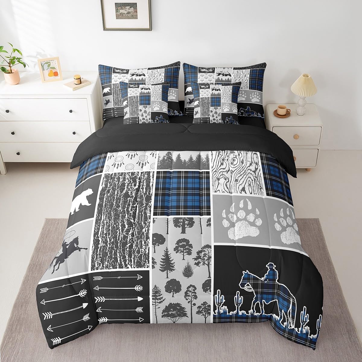 Erosebridal Western 7 Piece Comforter Set Full Bed in a Bag,Bear Horse Cowboy Bedding Set,Royal Blue Buffalo Grid Plaid Quilt,Rustic Famrhouse Sheet Set Dream Catcher Arrow Decor for Kids Boys Teens - Image 2