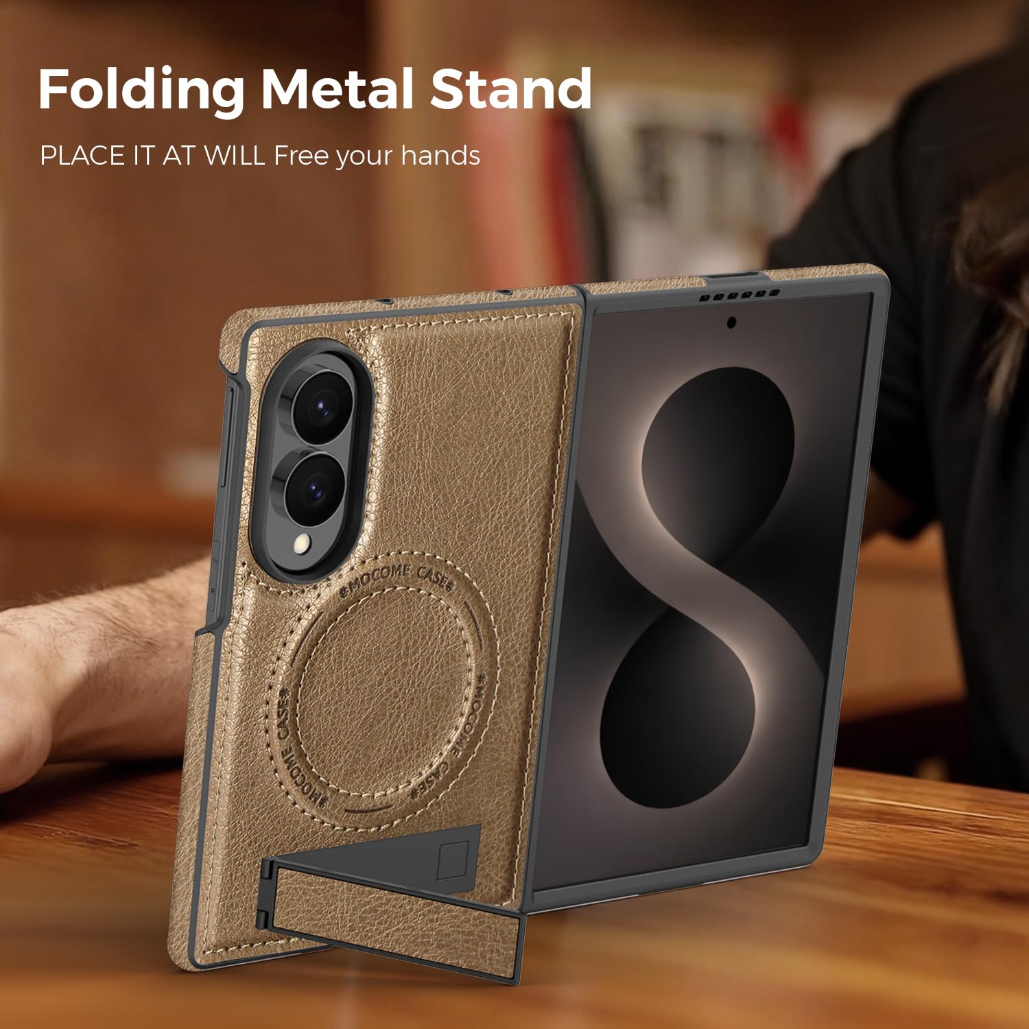 Funda para Samsung Galaxy Z Fold 8 con Soporte Integrado, Dorado | Soporte Ajustable hasta 60°, Anillo Magnético Integrado, Estructura de PC y TPU, Bordes Elevados, Acabado Exterior de PU