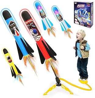 Jovicos Rocket Toy with 5 Foam Rockets, Outdoor Games for Children, 2 LED Light Rocket Air Pressure Toy from 3-12 Years, Boys, Gifts for Boys and Girls
