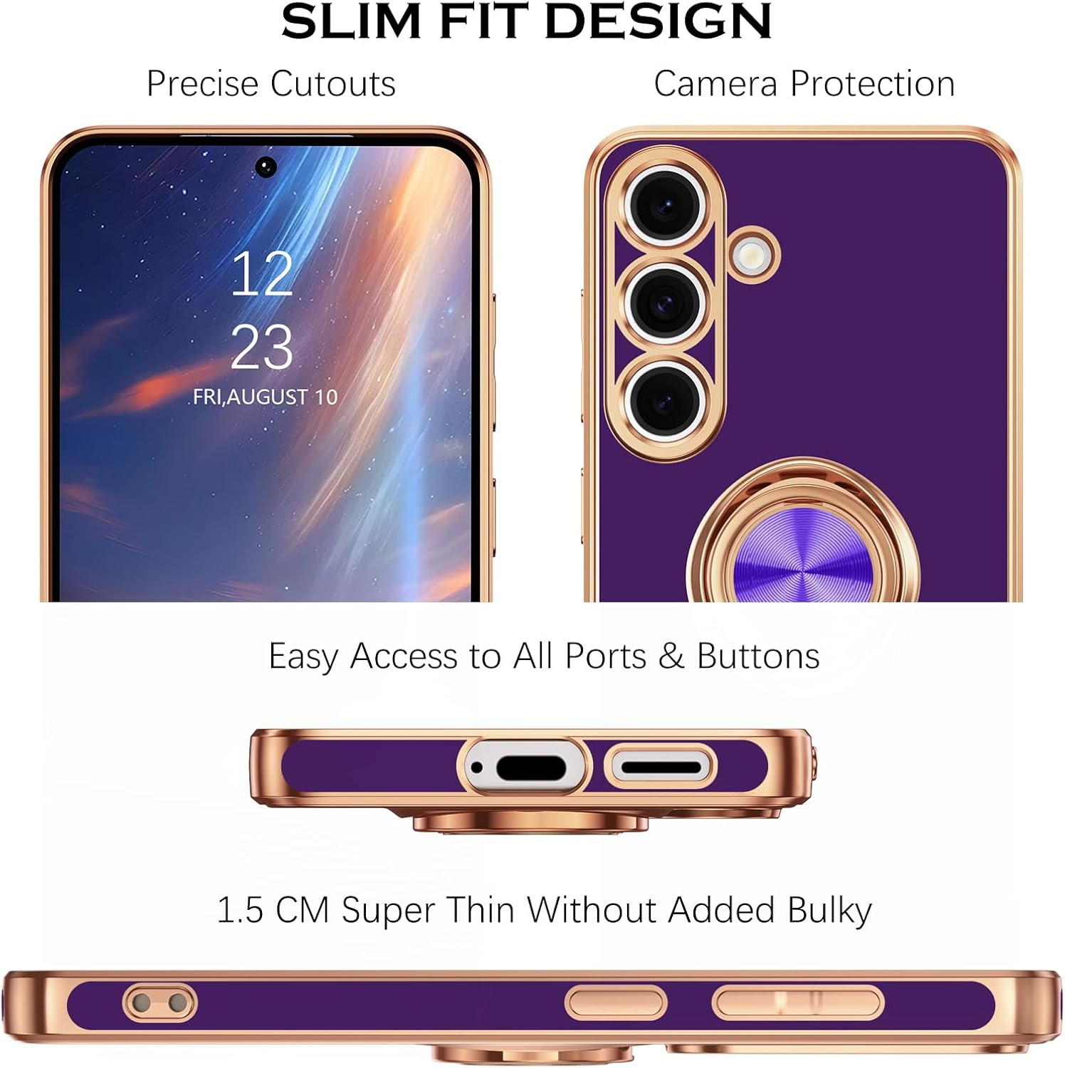 YINLAI for Samsung Galaxy S25 Case, S25 Phone Case with Ring Holder Kickstand Edge Plating Soft TPU Rubber Slim Cover Shockproof Protective Phone Case 6.2 Inch, Purple - Image 6