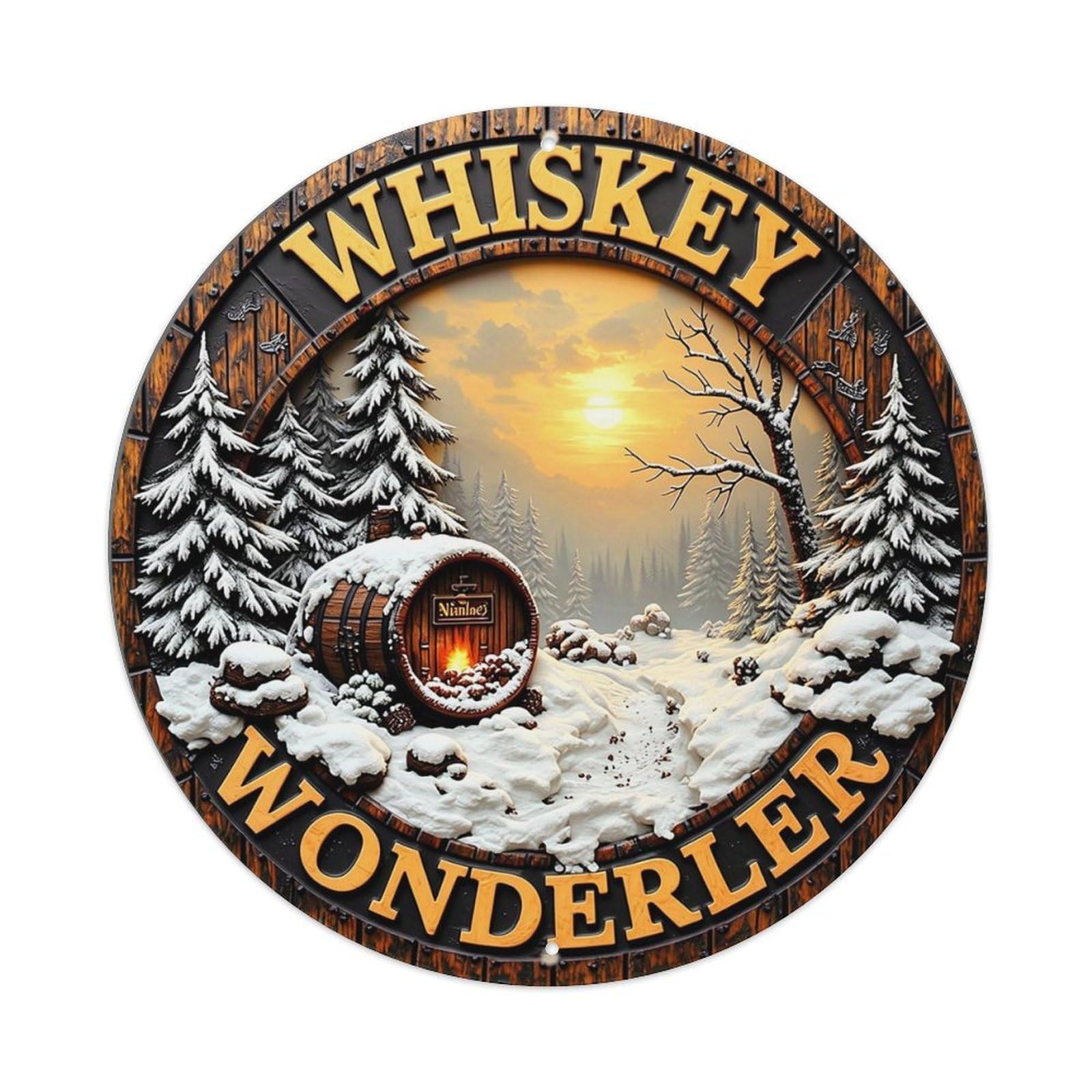 Winter Forest Whiskey Barrel Sunset Retro Metal Sign Round Tin Sign, Vintage Decor Art Poster for Bar, Home, Man Cave, Kitchen, Laundry Room Gift 8x8Inch