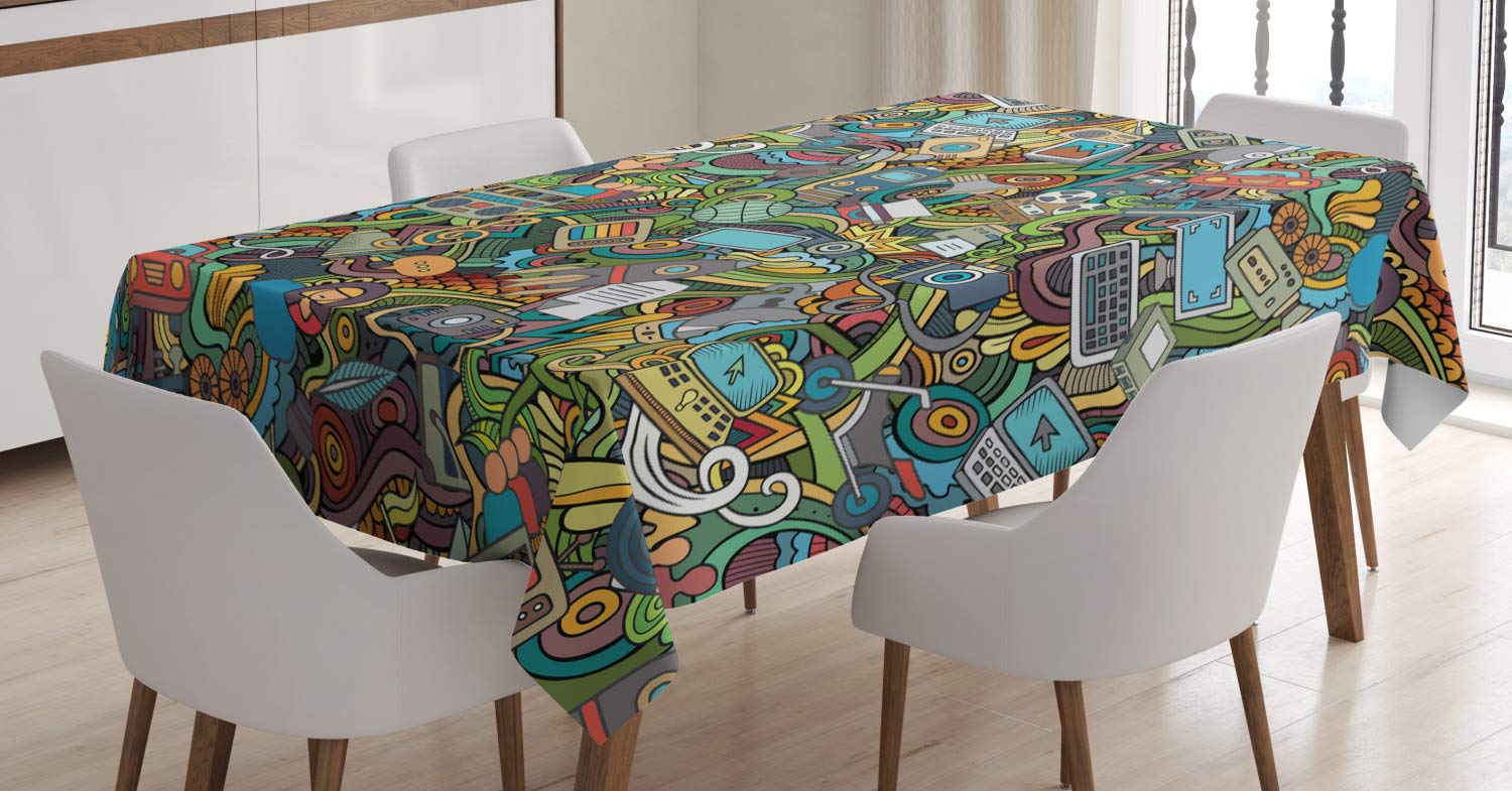 ABAKUHAUS Hipster Tablecloth, Social MediDevices, Dining Room Kitchen Rectangular Table Cover, 54 W X 78 L, Multicolor