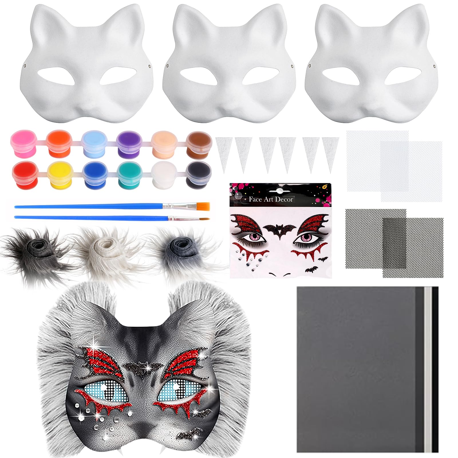 Masque thérien pour chat - Masque de furry - Film en maille plastique - Fourrure synthétique - Pinceau en maille - Couleurs pour cosplay et Halloween