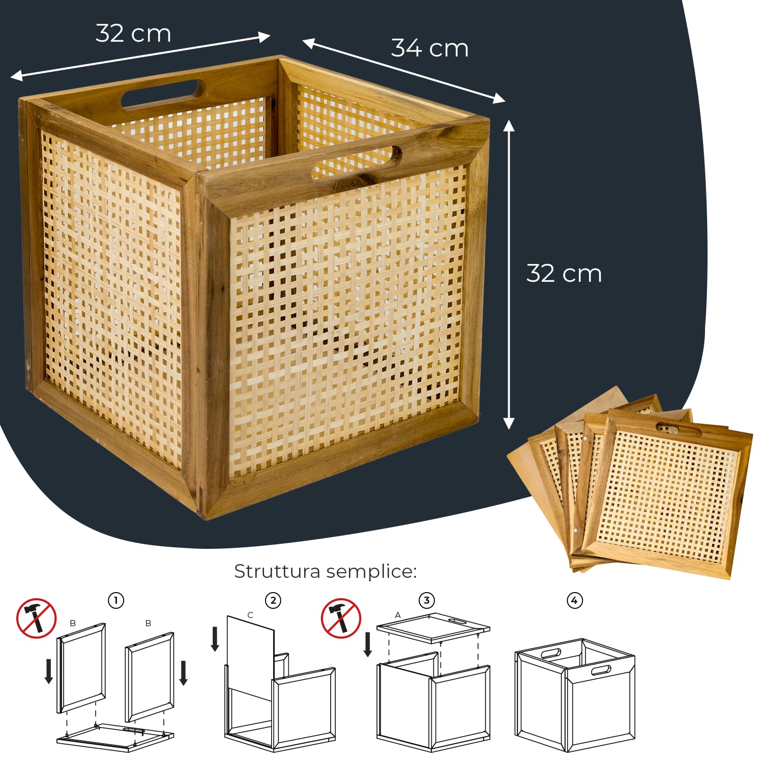 HMF Cesto portaoggetti adatto per scaffali Kallax, cesto in rattan con vimini viennese e legno di acacia, modello 3, 32 x 34 x 32 cm