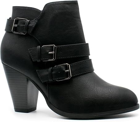 Olivia K Women's Classic Stacked Wood heel with Side Zipper Enclosure - Adjustable Ankle Straps with Buckle