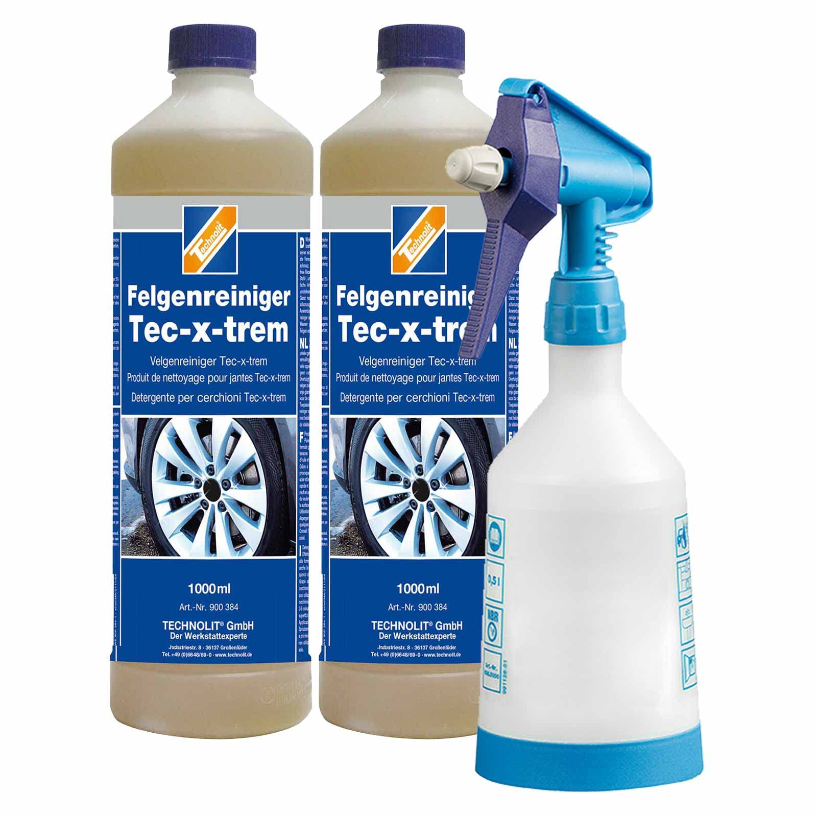 TECHNOLIT Felgenreiniger Tec-x-trem 2x1L | Säurefreier Flugrostentferner | Inkl. 500ml Sprühflasche | Für Stahl-, Alu- & Chromfelgen | Löst Bremsstaub, Öl sowie Straßenschmutz | Wirkt selbsttätig