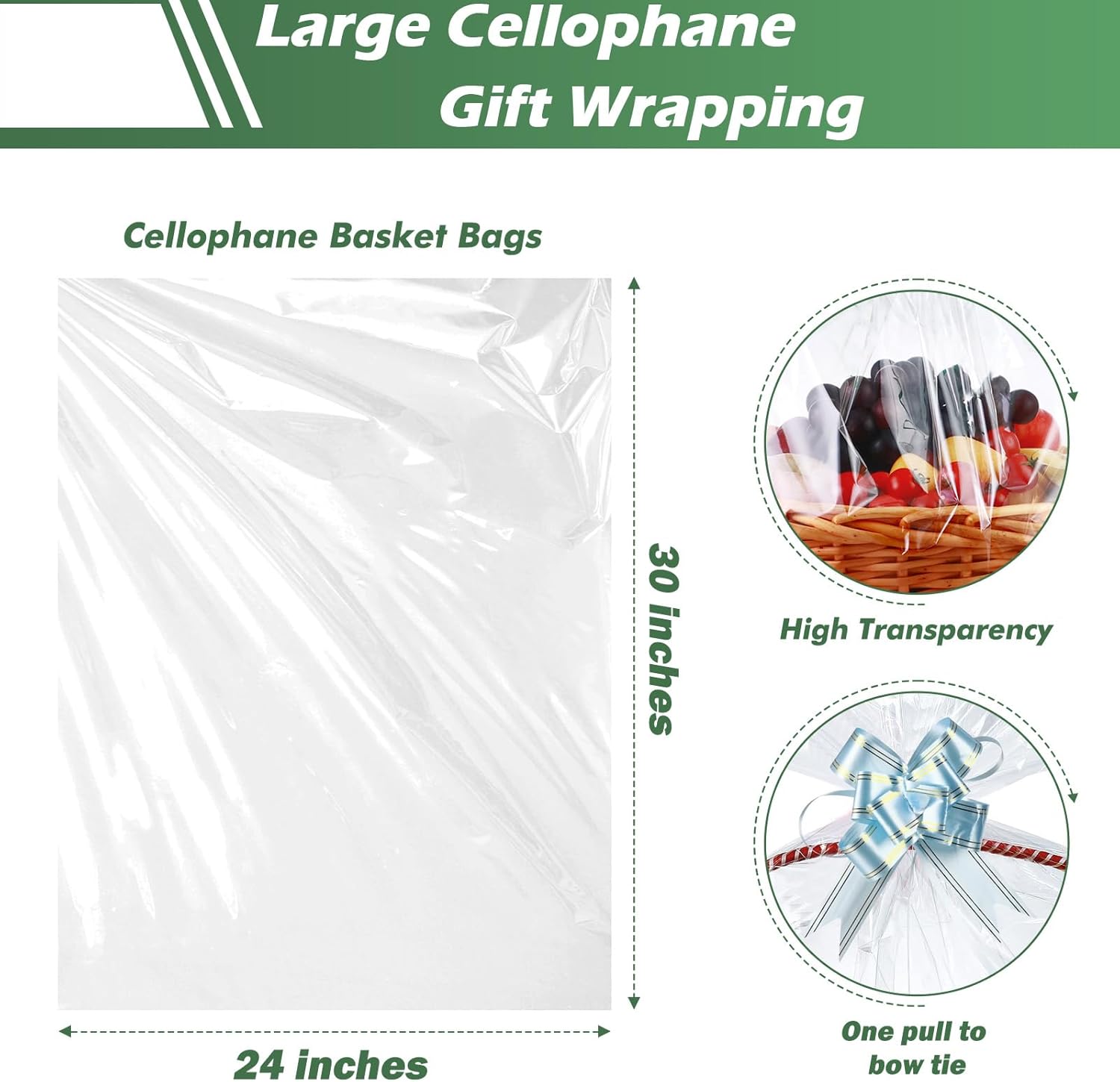 50 Packs Large Cellophane Bags 24" x 30" Clear Cellophane Gift Basket Wraps Extra-large 2.3 Mil Thick Transparent Cello Bags for Fruit Basket, Gift Wrap, Treats, Arts and Crafts, 50ct Ribbon Bows