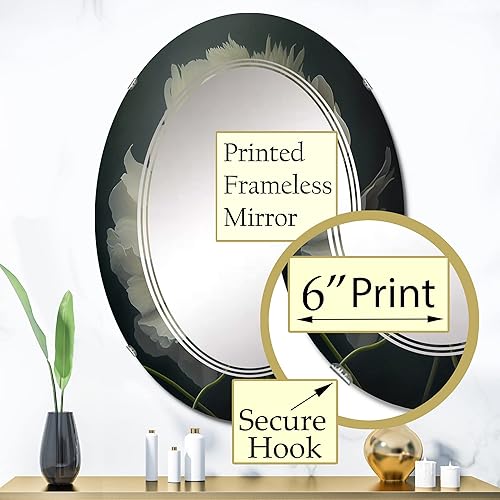 Miniatura 3 de DesignQ White Blossoming Peony On Black I- Vanity Mirror, Bathroom Mirrors, Wall Mirrors for Living Room, Bedroom - Oval Mirror - Large 20'x30',