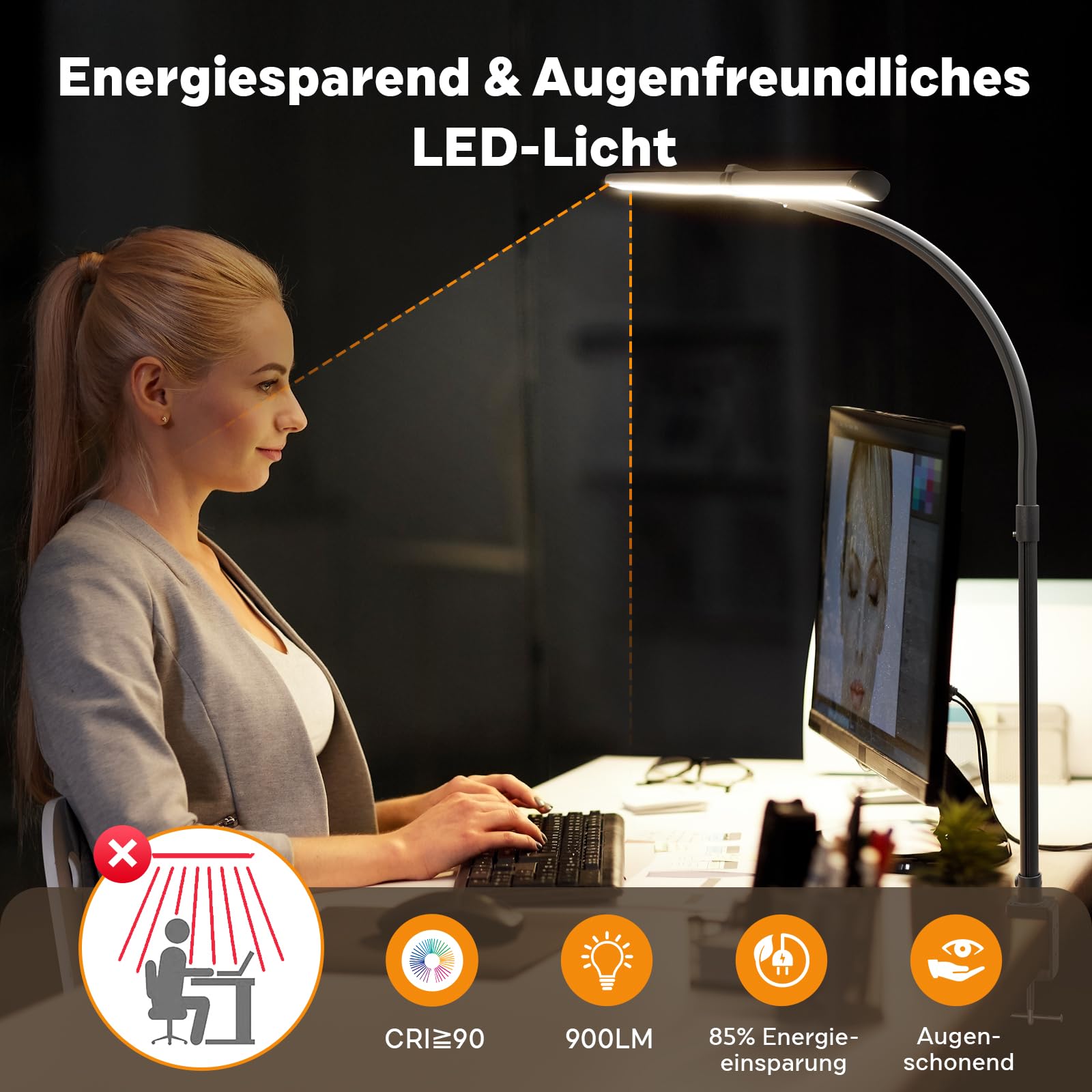 Doppelkopf Schreibtischlampe LED Dimmbar, 24W 80CM Klemmbar Tageslichtlampe Schreibtisch Lampe, Schwanenhals Büro Tischlampe Augenschutz Arbeitsplatzleuchte Monitor Lampe, schwarz