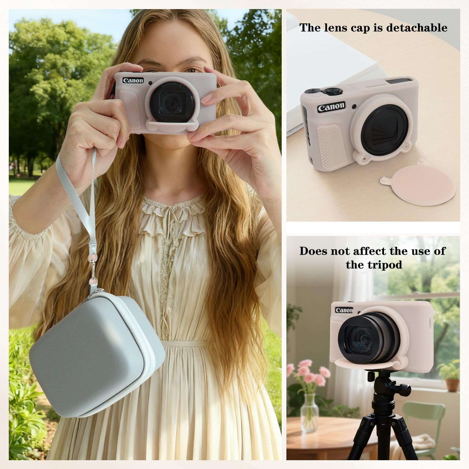 VOVMOEYA Custodia per fotocamera PowerShot SX730/SX740 HS, sx730/740 hs, kit di accessori, custodia rigida in EVA + custodia protettiva in silicone morbido + 2 pellicole temperate LCD, Grigio/rosa