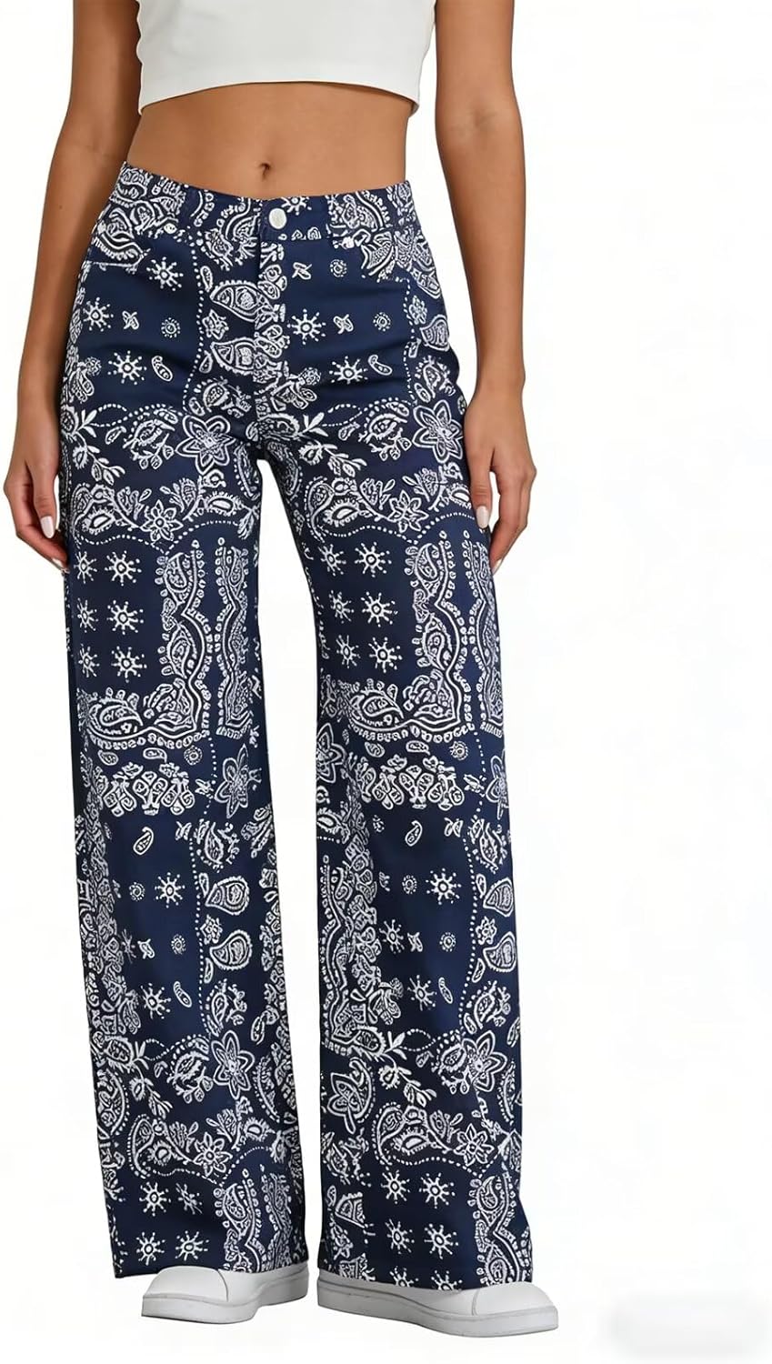 INVACHI Women's Floral Print Barrel Jeans Boyfriend Baggy Denim Pants Wide Leg High Rise Jeans Sweatpants Y2k Patchwork