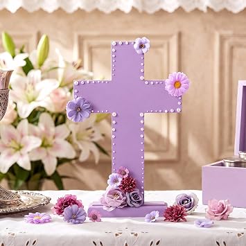 Yousoontic 12x8 Inch Wooden Cross with Stand & Flowers Vacation Bible School DIY Wooden Craft, Sunday School Church Activity, First Communion Centerpieces for Girls Baptism Party Wedding DecorPurple